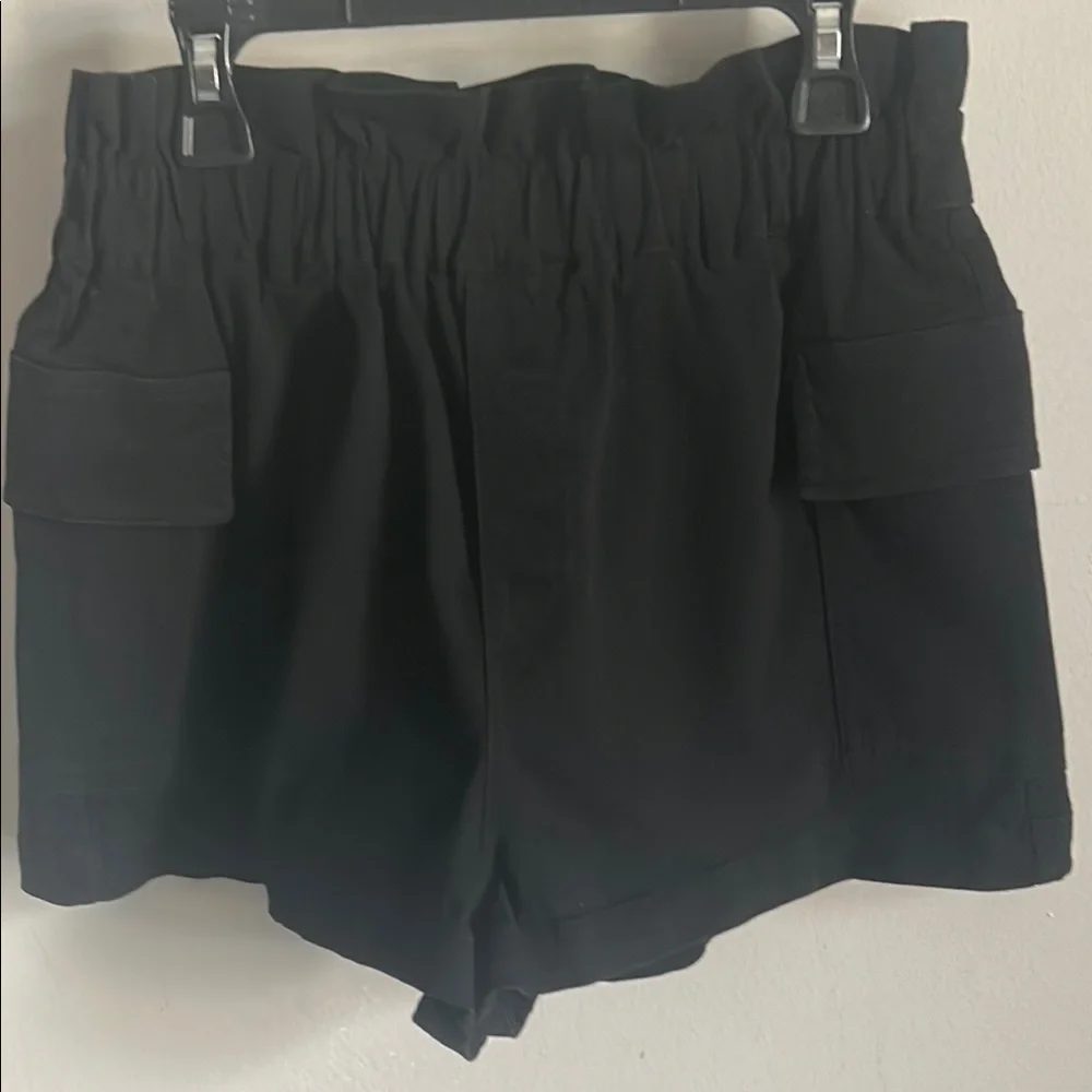 Kendall & Kylie Black Cotton Blend Cargo Shorts with Relaxed Fit Paper Bag Waist